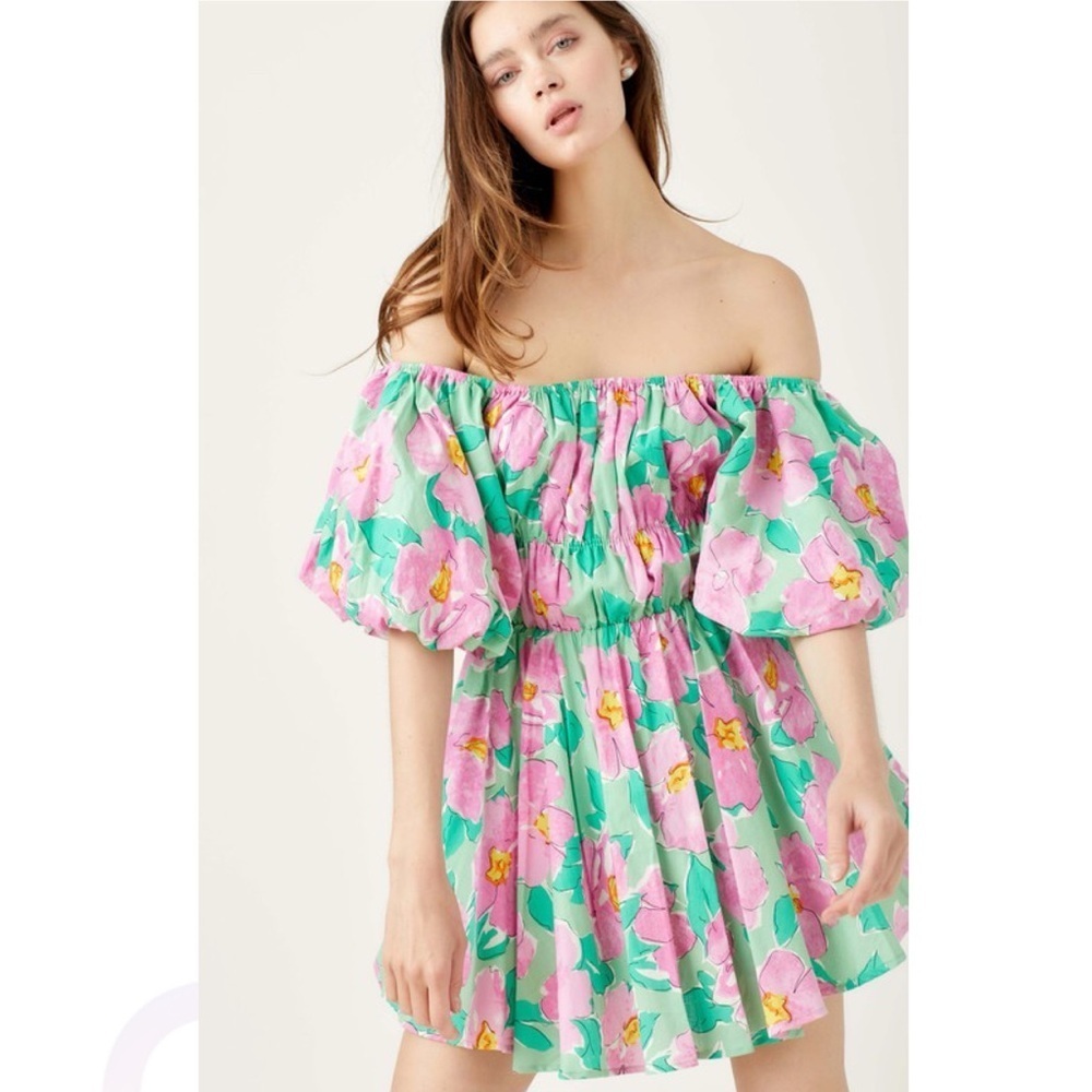 &merci Bubble Puff Sleeve Pink Green Floral Floral Flare Mini Dress